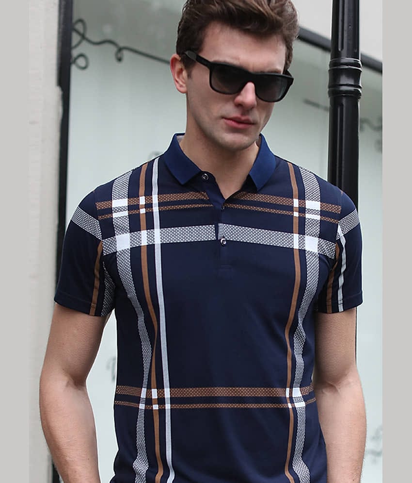 Eyebogler Pack of 1 Cotton Blend Regular Fit Printed Half Sleeves Men's Polo T Shirt ( Navy Blue )