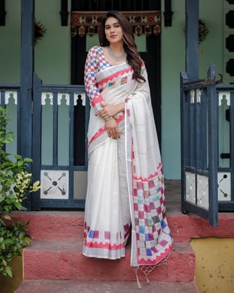 White Pure Cotton Linen Saree with Multicolor Checkered Design, Blouse, and Tassel Detailing-Regular