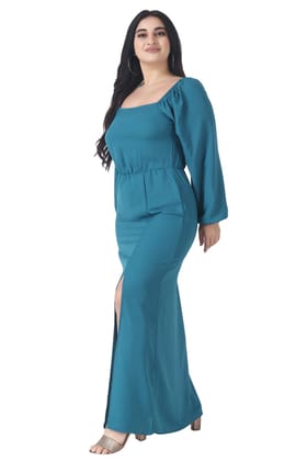 Teal Blue Solid Maxi Dress with Front Slit-L / Blue