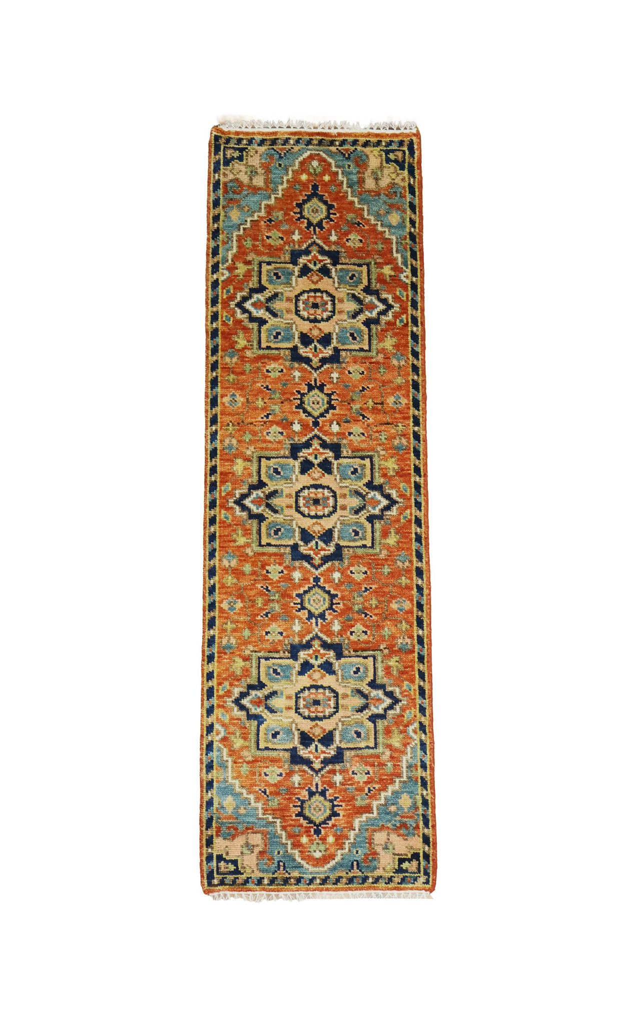 Handmade Tribal Heriz Design Wool Rug – Rust Blue Persian Carpet (2.6x8 ft)