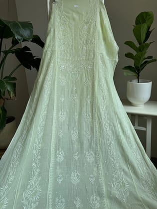 Mul Chanderi Chikankari Anarkali - Green-Green / Mul Chanderi