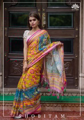 Yellow Pichwai Digital Print Linen by Linen Saree