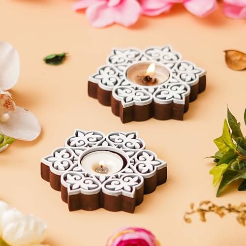 Wooden Floral Printing Block Decorative Tea Light Candle Holders, Diya Stands | Tea Light Holders | Christmas