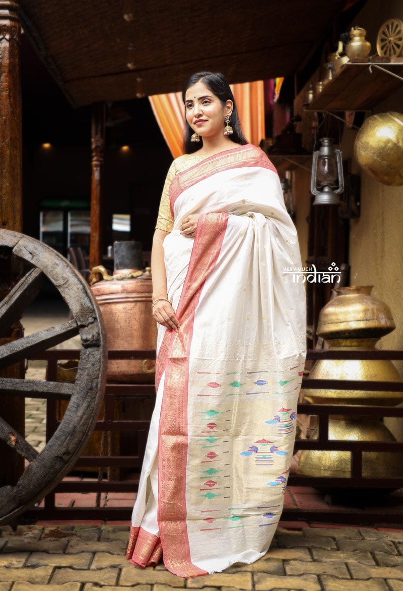 Utsaav ~ Traditional Handloom Cotton Paithani in White with Red Border and Traditional Pallu (Available in 3 parrots pallu)