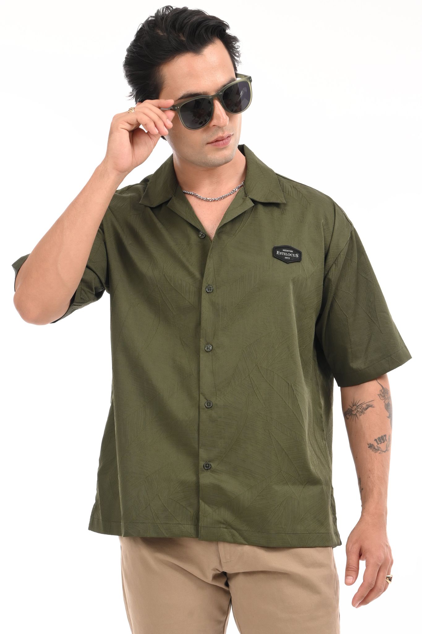Dusty Olive Textured Oversized Shirt-S / Olive
