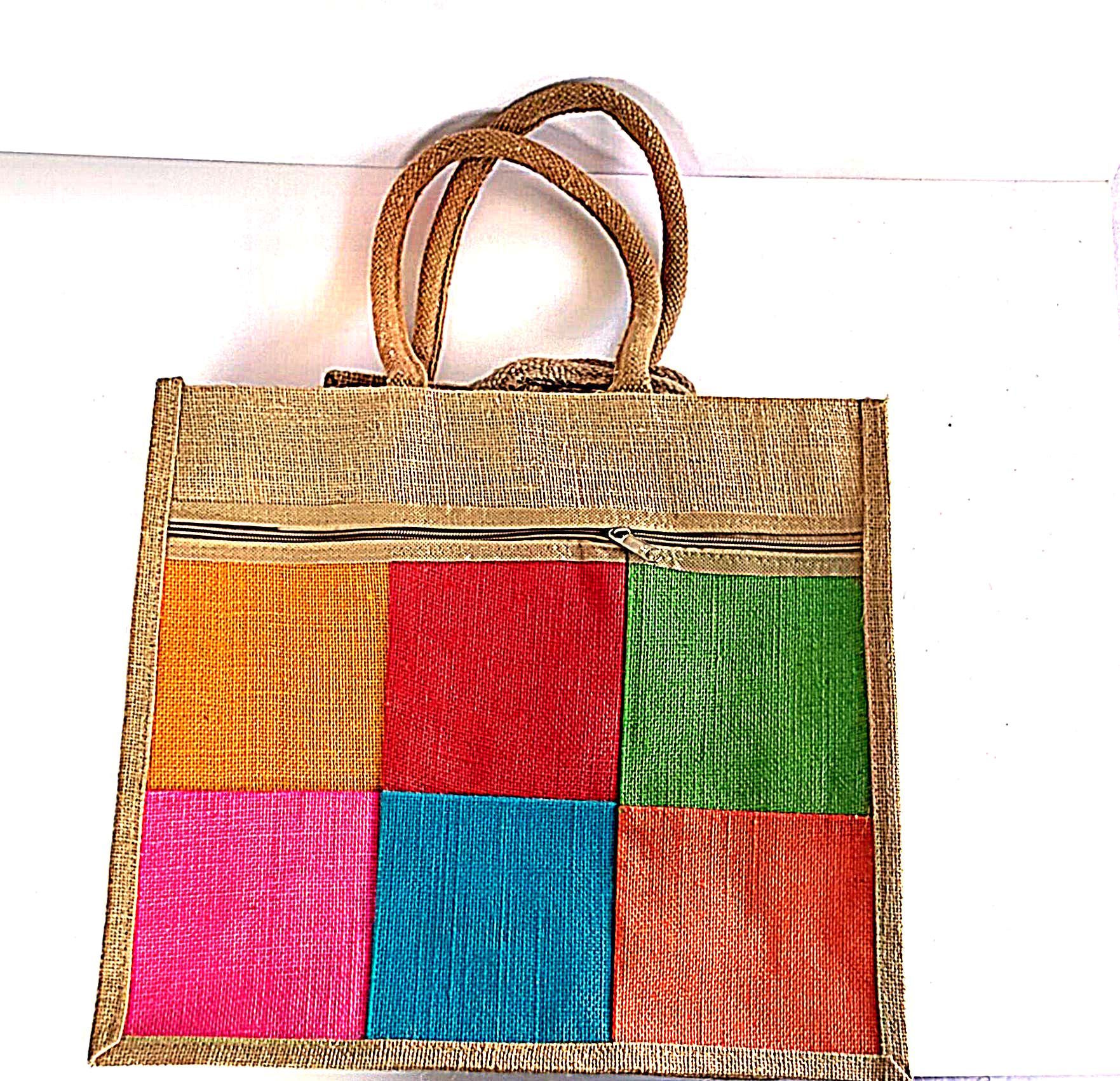 Jute tote bag with zipper closure and colorful patchwork design