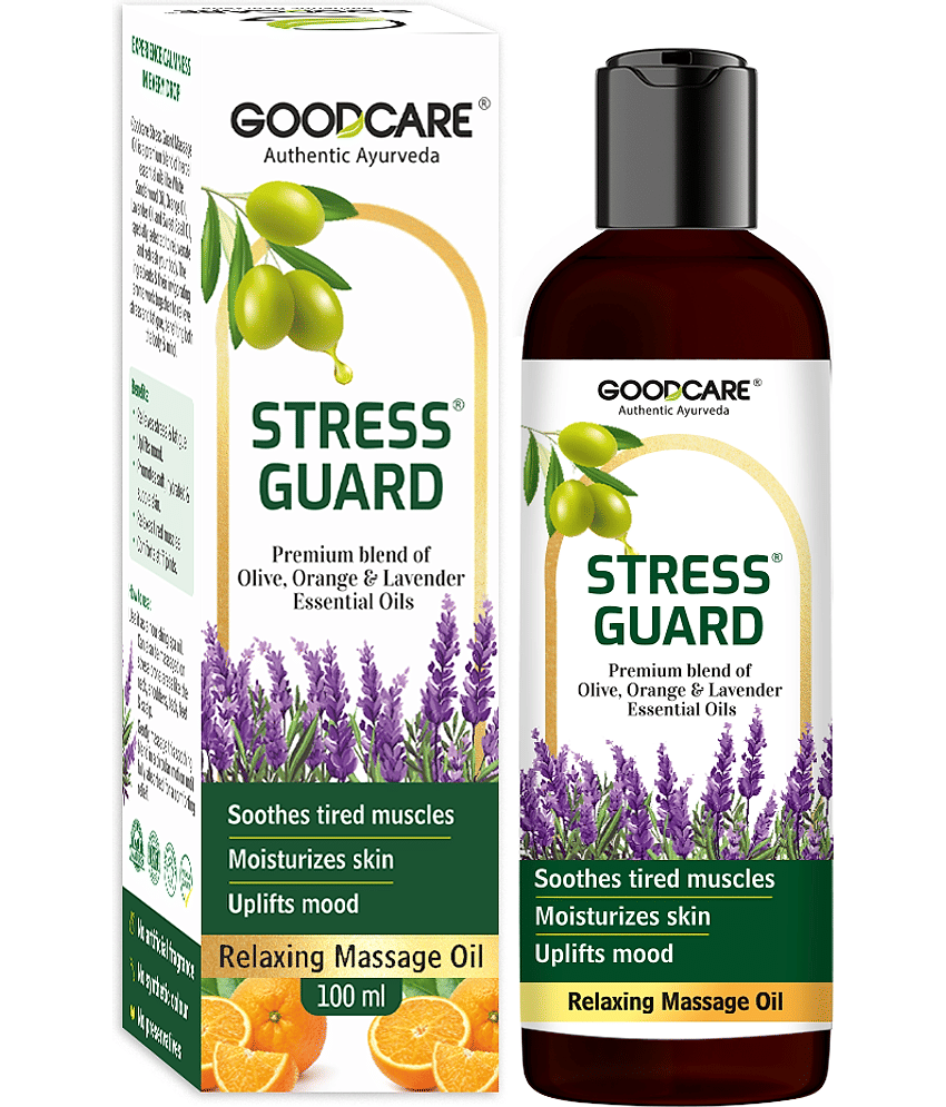 Goodcare Stress Guard Massage Oil, With Lavender, Tulsi, Olive, Orange Oil, Soothes Muscles, Uplifts Mood, Hydrates Skin Naturally 100ml