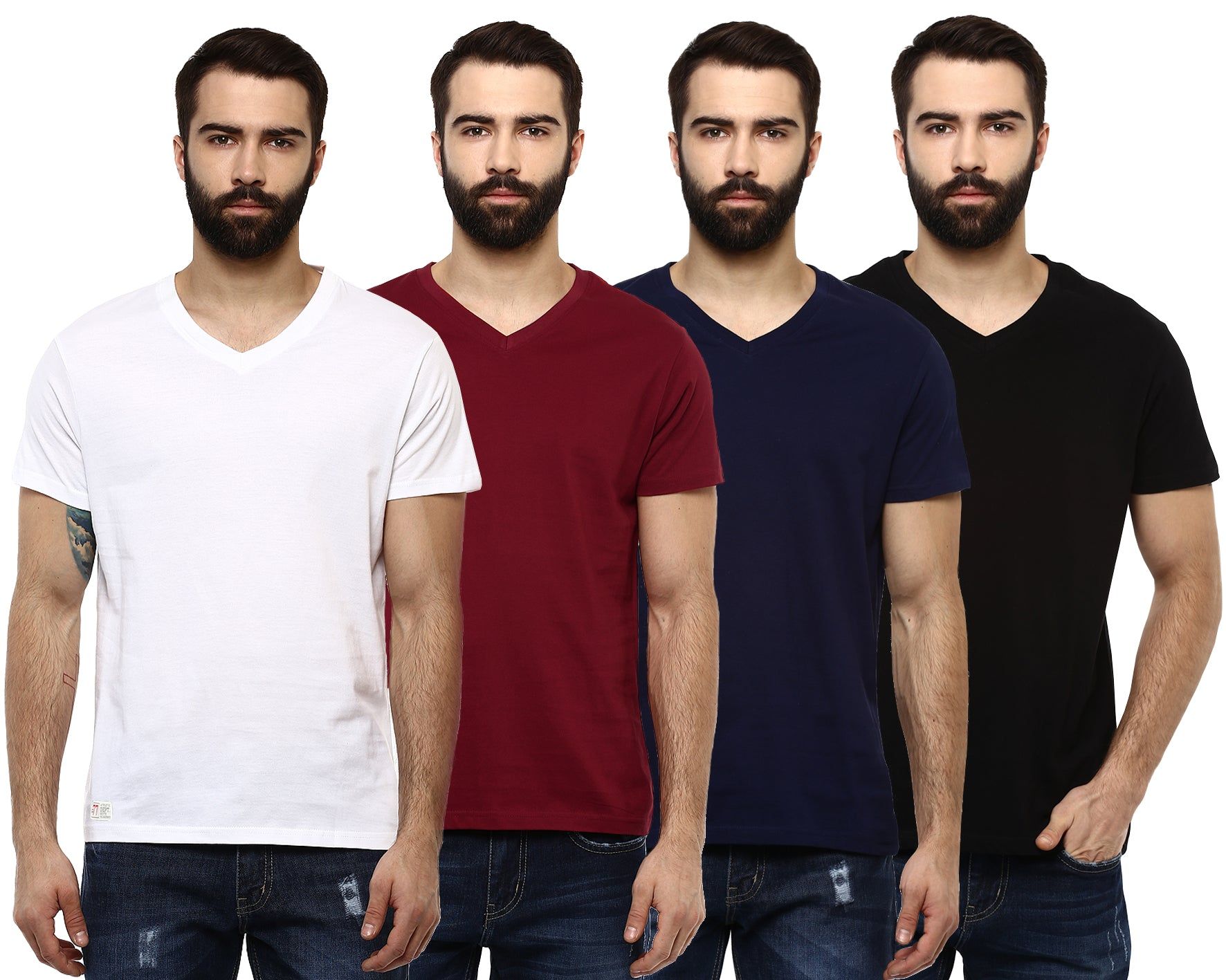 Men's V Neck Half Sleeves Combo Pack of 4 T-Shirts - Black, Navy, Rio Red & White-5XL / Black, Navy, Rio Red & White
