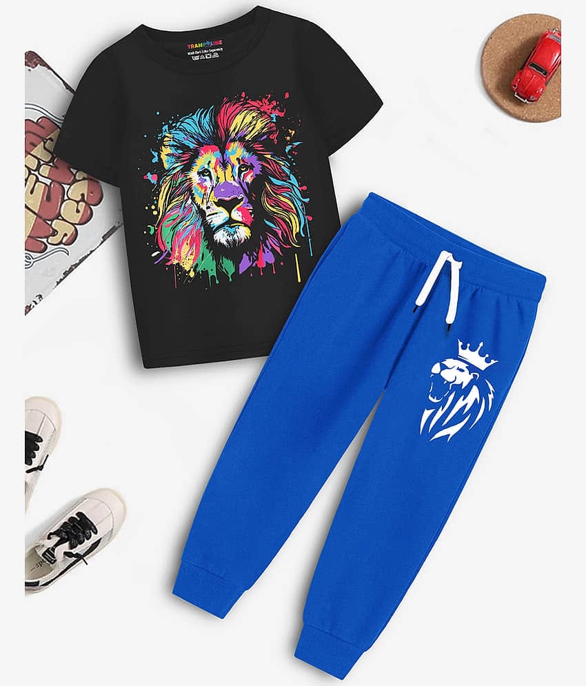 Trampoline Pack of 1 Boys Cotton Blend T-Shirt & Trackpants Set ( Black )