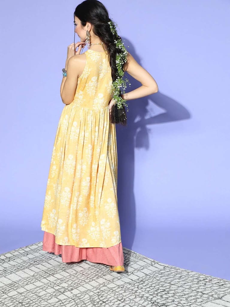 Elegant Women Women Yellow White Floral Printed Keyhole Neck Cotton Kurta VCK8515 2026 at ShopCi