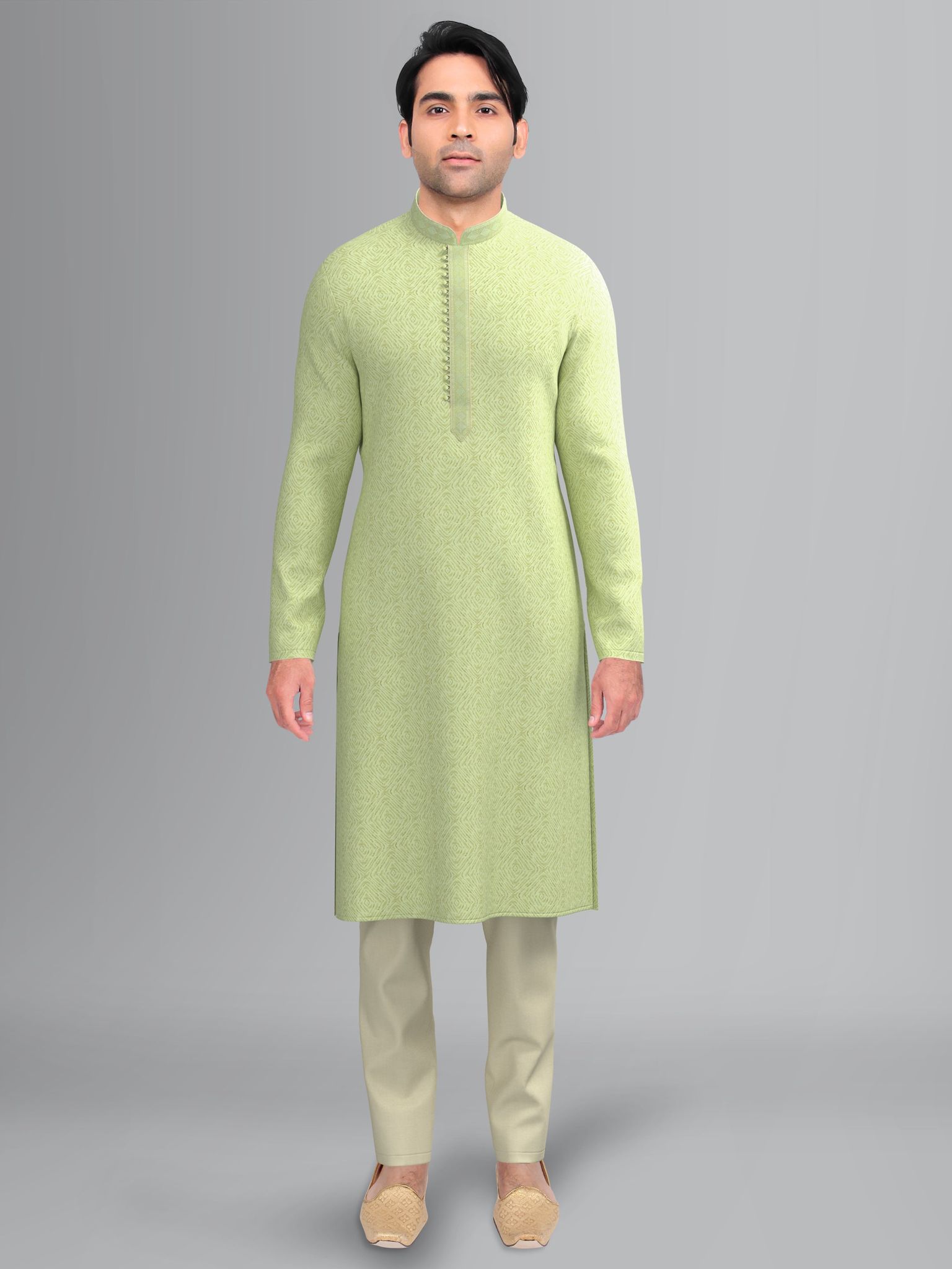 Green Art Silk Kurta Set with Shining Golden Khadi Print-Made To Measure / Only Kurta - No Lowers