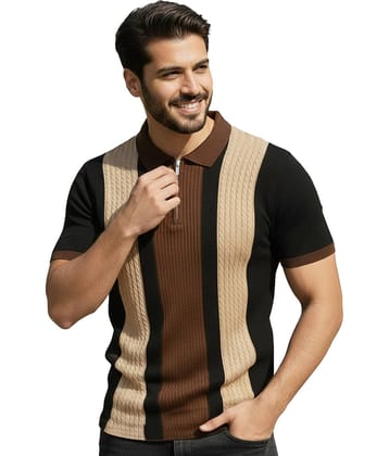 AOOSH Men Cotton Blend Regular Fit Striped Polo T Shirt ( Beige )