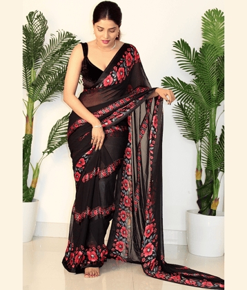 Sanwariya Silks Georgette Printed Saree With Unstitched Blouse Piece ( Fluorescent Pink )