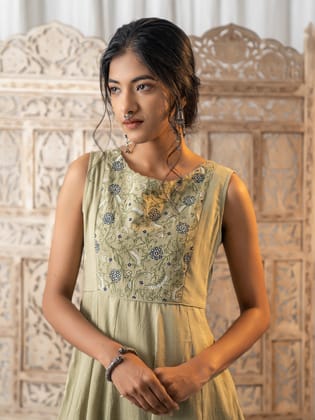 Sage Green Embroidered Cotton Dress-XS