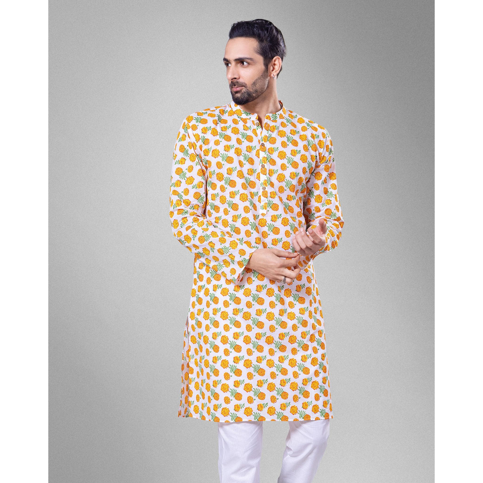 Cotton Malmal Men's Kurta | Marigold-S