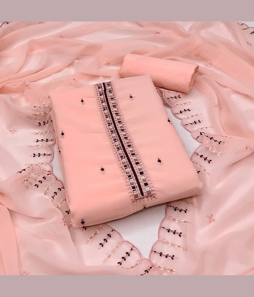 Rangtulika Ethnics Unstitched Georgette Applique Dress Material - Peach ( Pack of 1 )