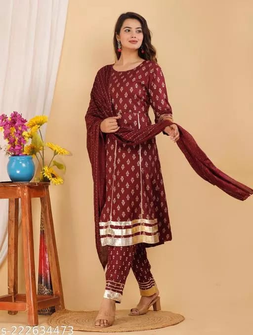 Women Cotton Rayon Printed Anarkali Kurti With Heavy Gota Work Design Along With Pant And Dupatta With Lace Border - Kurtas & Kurta Sets | Buy online on ZillyBuy