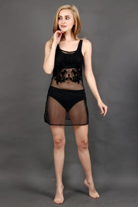 Black Sheer Cover Up Dress with Floral Patch-L / Black