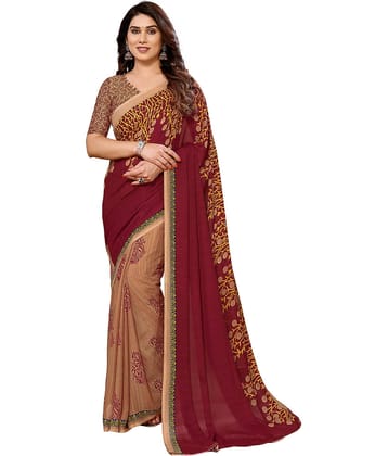Anand Georgette Printed Saree With Unstitched Blouse Piece ( Maroon )