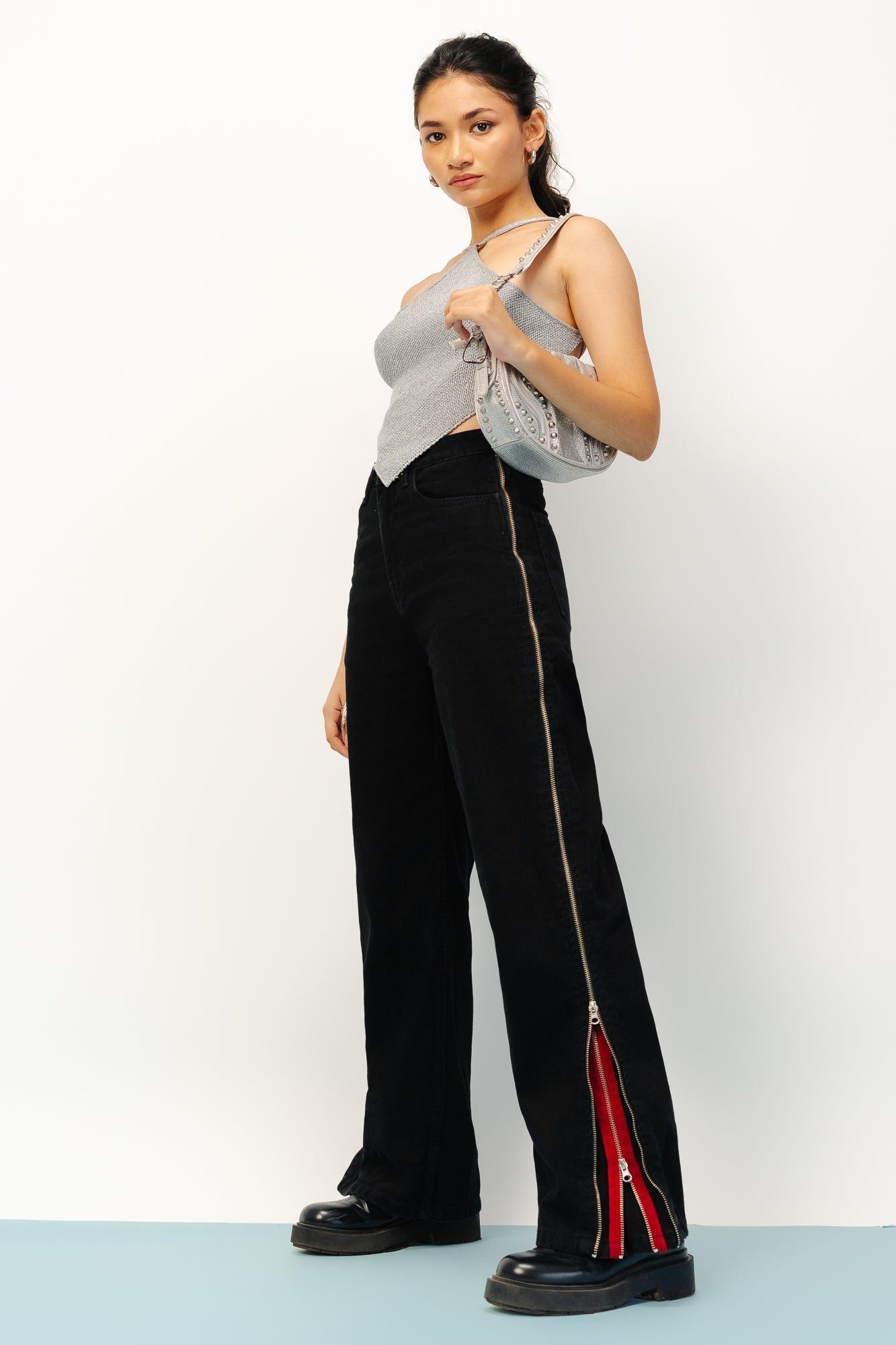 Black Double Zipped Women's Straight Jeans 32