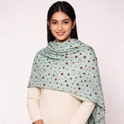Green Cotton Star Print Shawl For Women
