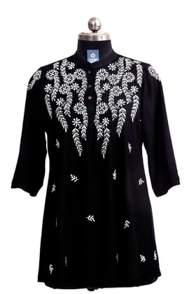 Handcrafted Chikankari V-Neck Top|Black