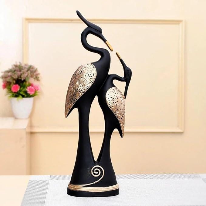 Crane Couple Showpiece for Home Decor | Black and Gold Polyresin Bird Statue for Table Shelf Wedding Gift Accent