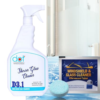 DOT Shower Glass Cubicle Cleaner for Bathroom Shower Doors 800ml + 5 Car Glass Wash Tablets upto 20 litres DOT Shower Glass Cubicle Cleaner for Bathroom Shower Doors 800ml + 5 Car Glass Wash Tablets upto 20 litres