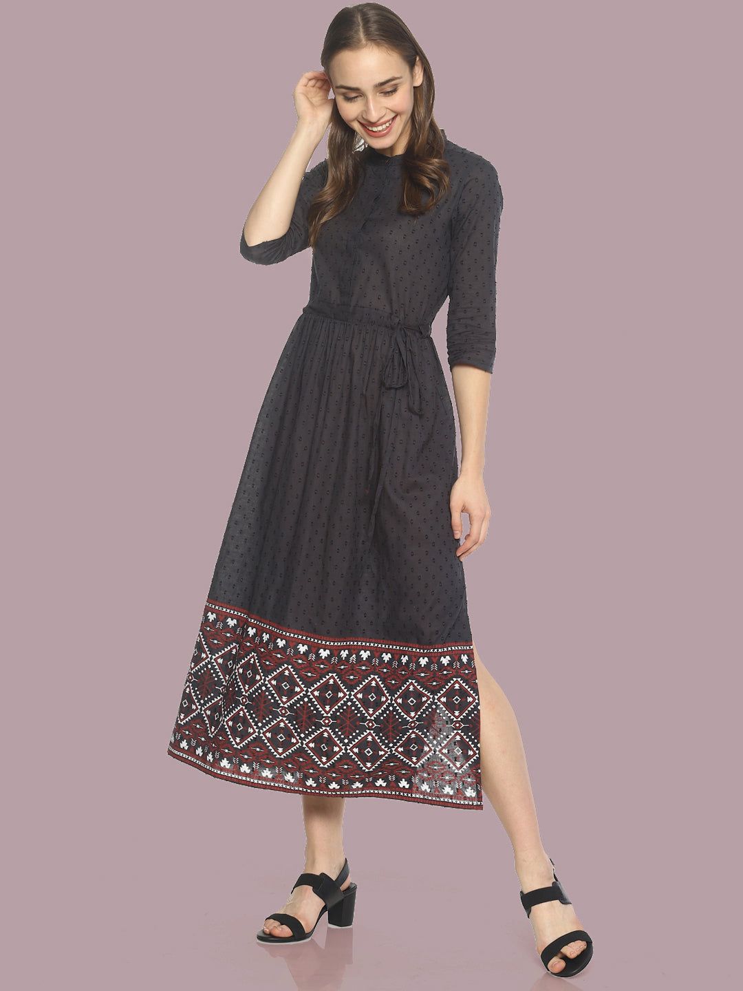 Grey Front Open Dress With Printed Hem-S