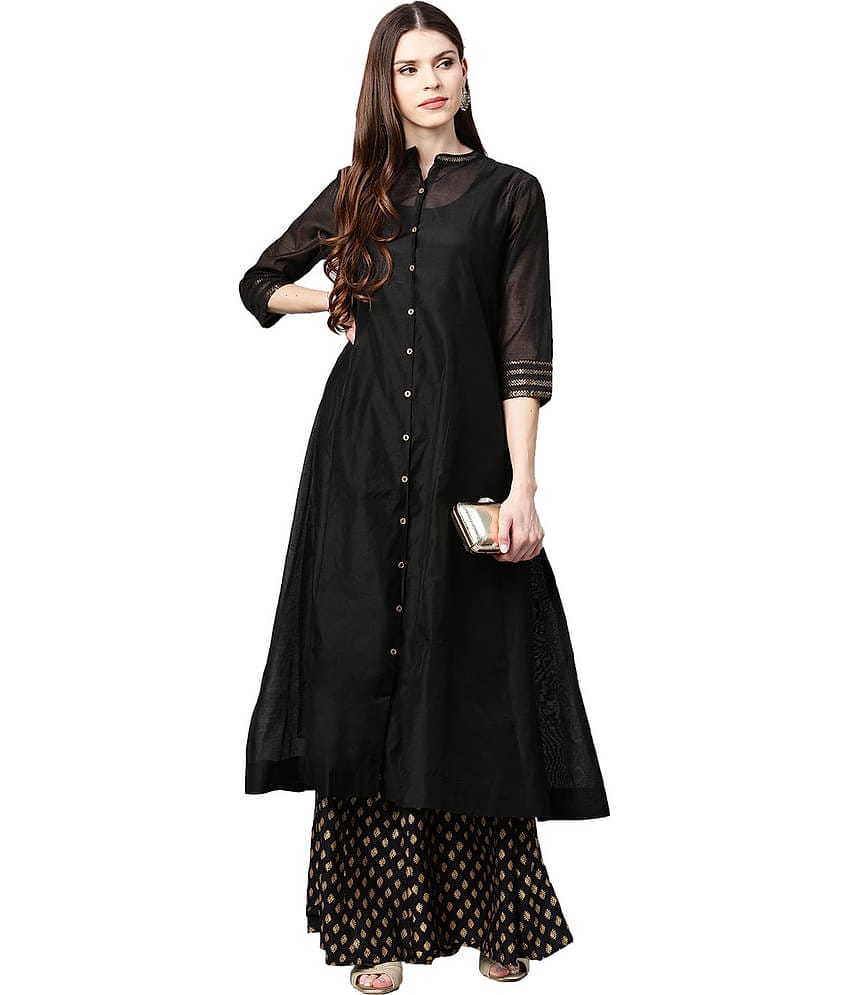 Juniper - Black Chanderi Women's Front Slit Kurti ( Pack of 1 )