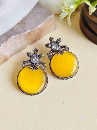 Oxidised Premium Monalisa Stone Stud Earrings for Casual Wear | Sarichka-Yellow