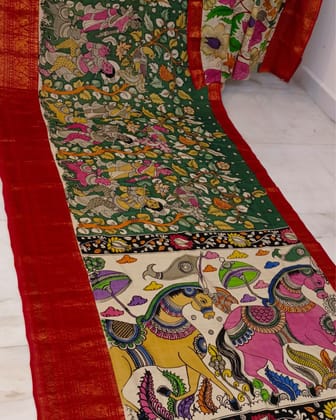 Syaahi Mangalagiri Pattu Kalamkari Dark Green Saree