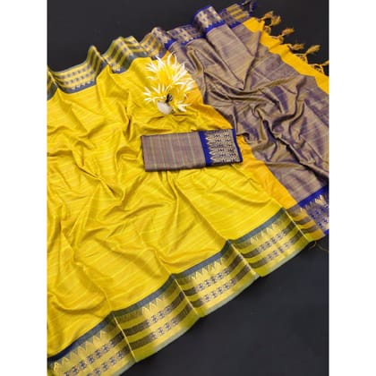 TheHangr Yellow With Blue Border Beautiful Festive Wear Saree With Blouse Piece TheHangr Yellow With Blue Border Beautiful Festive Wear Saree With Blouse Piece