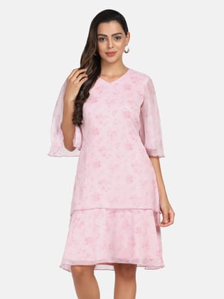 Floral Print Chiffon A line Dress - Pink-M