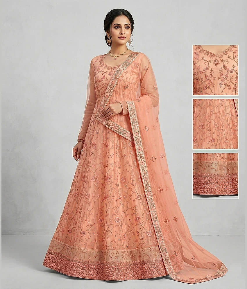 Apnisha Women's Net Semi Stitched Flared Ethnic Gown With Dupatta