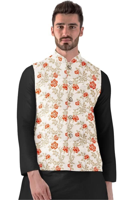 Men's Jacquard Printed Full Sleeve Waistcoat (Orange-Beige, 40)-PID53492