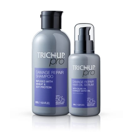 Trichup Pro Damage Repair & Instant Smoothing Combo (Set of 2)  Shampoo 300ml + Hair Oil Serum 100ml, For Dry, Frizzy Hair, Breakage Control