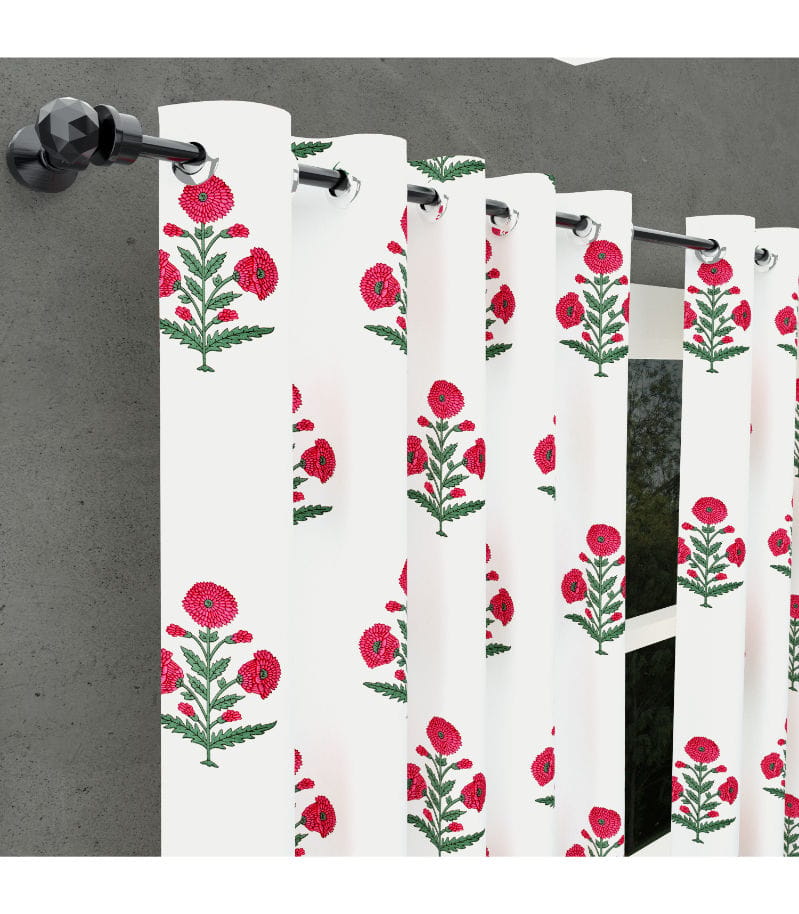 Ocean Enclave Floral Harmony Curtains  Hand Block Print in Cotton ( 9 Feet )