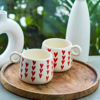 Handcrafted Red Heart Pattern Ceramic Mugs - Pack of 2