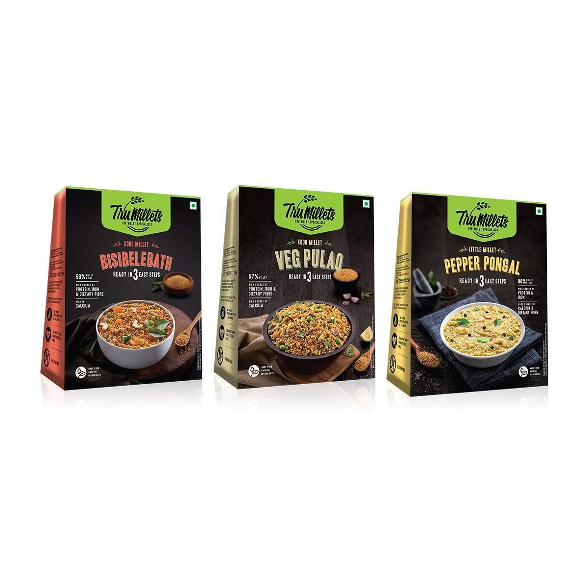 ruMillets Ready to Cook Combo � Pepper Pongal, Bisibelebath & Veg Pulao | 200g Each (Pack of 3) | Millet-Based Instant Meals | Healthy, Wholesome & No Preservatives