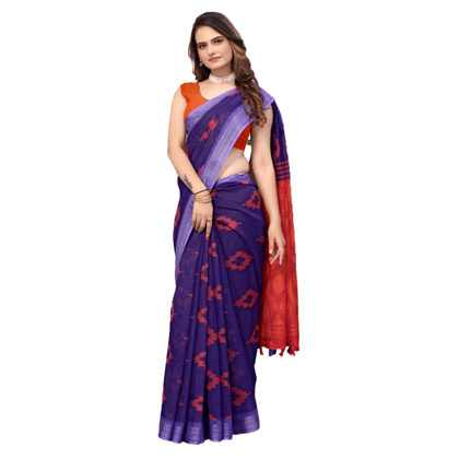 TheHangr Women's Linen Blue Saree With Red Geometrical Design With Purple Border And Contrast Red Pallu