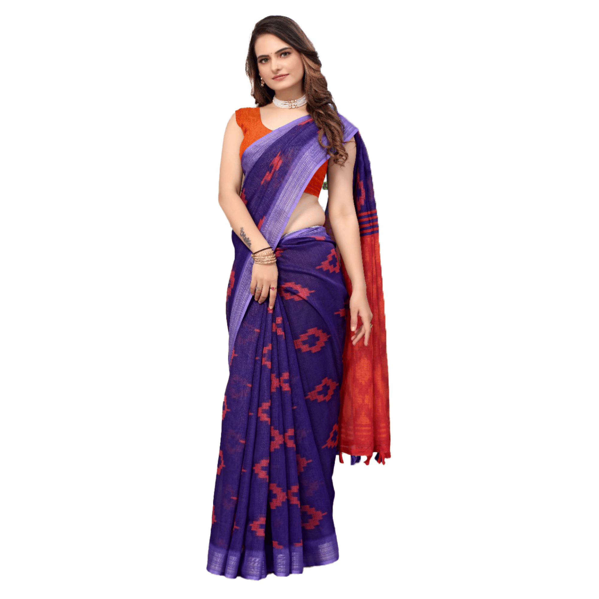 TheHangr Women's Linen Blue Saree With Red Geometrical Design With Purple Border And Contrast Red Pallu
