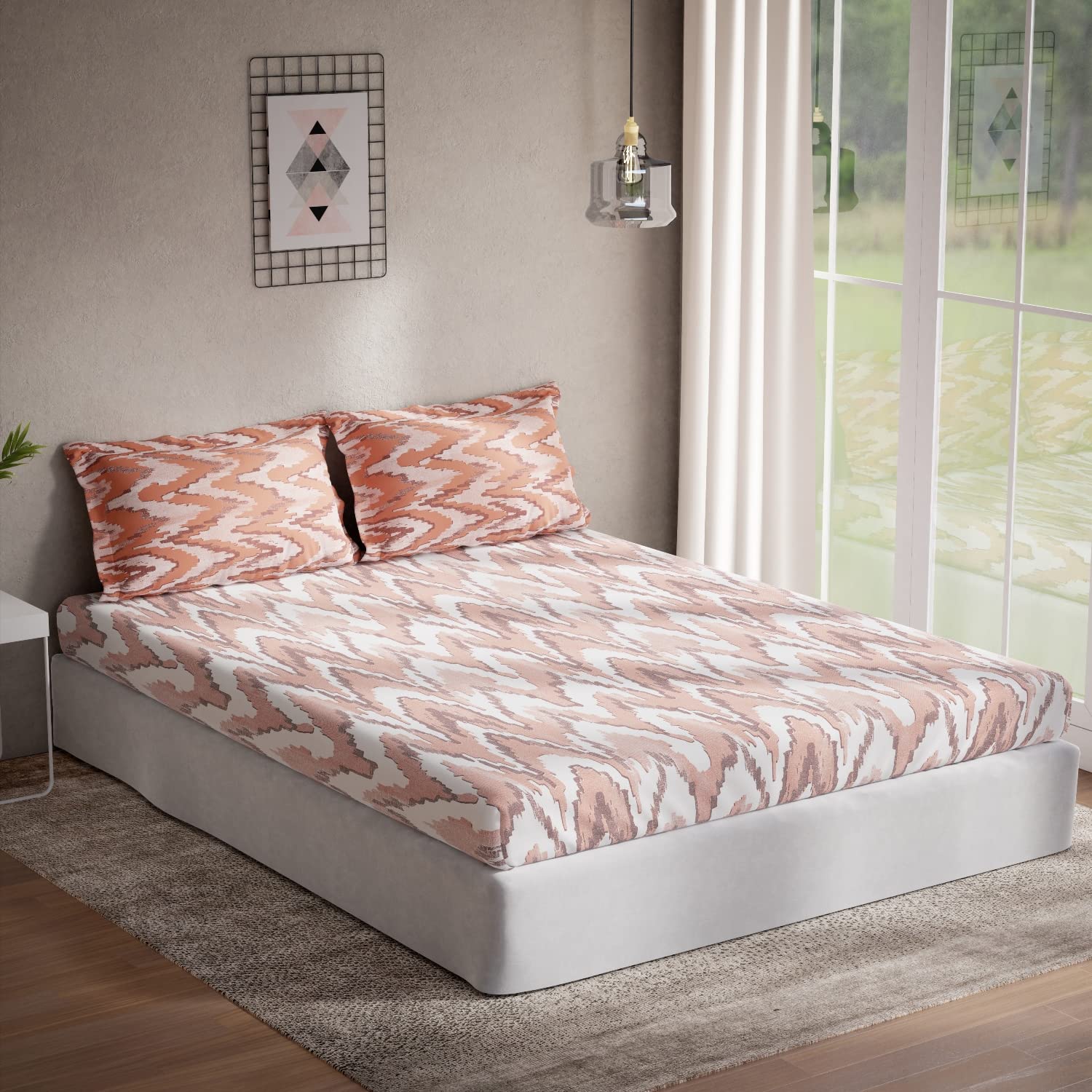 DDECOR - Alpha Collection 100% Cotton Abstract Pattern 144 TC Queen Bedsheet |224 CM X 254 CM| with 2 Pillow Covers - Orange