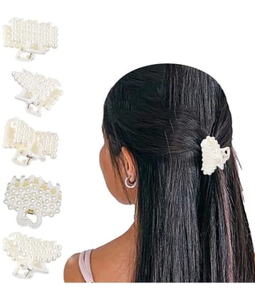 LYKAA Stylish Fancy White Pearl Hair Claw Fashionable Clip Clutcher Hair For Women & Girls 5Pcs - White