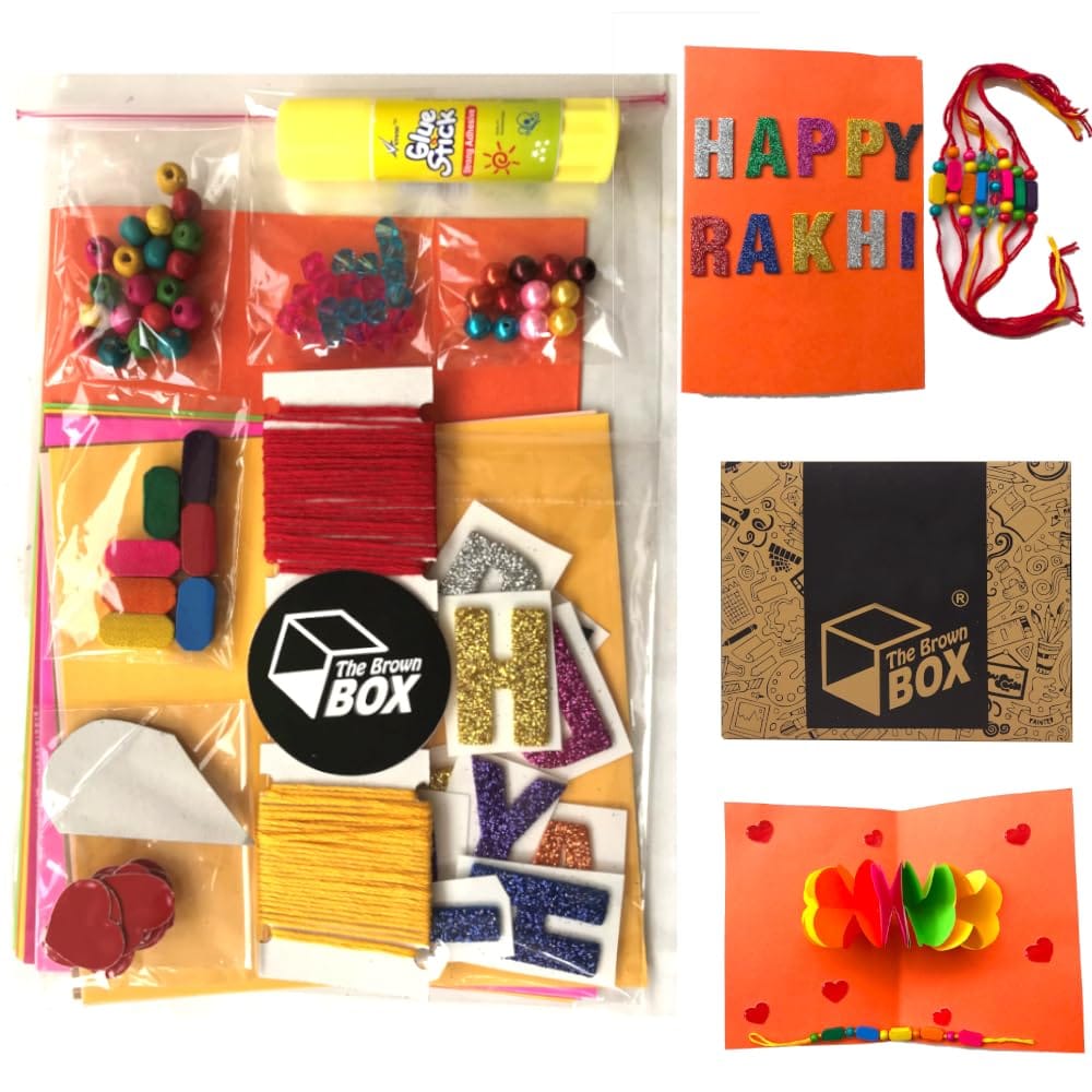 The brown box�Rakhi Making Kit,Rakhi Making Material,Rakhi for Brother,Friendship Band Making kit,Craft kit,Art and Craft Kit,Rakhi Greeting Card Making Kit,7,DIY Kit,Bracelet Making Kit.