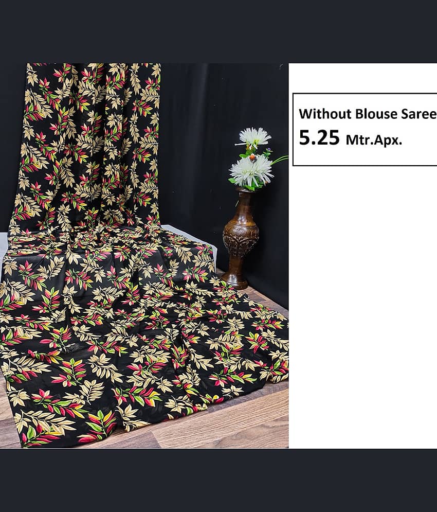 Kanooda Prints Georgette Printed Regular Saree With Unstitched Blouse Piece ( Black )