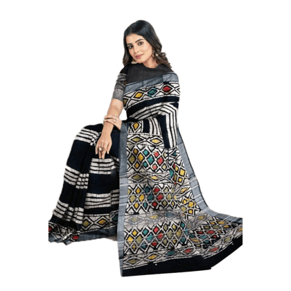 TheHangr Women's Linen Black Stripped Saree With Grey Border And Multicolor Geometrical Pallu