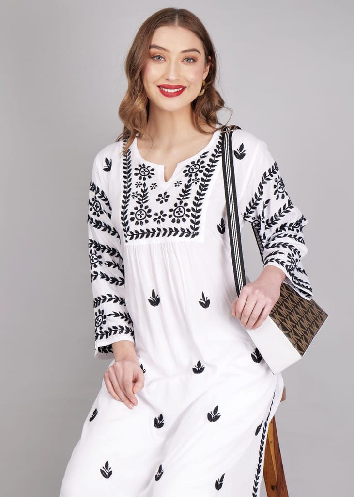 Modal White Hand Embroidered Chikankari Kurta