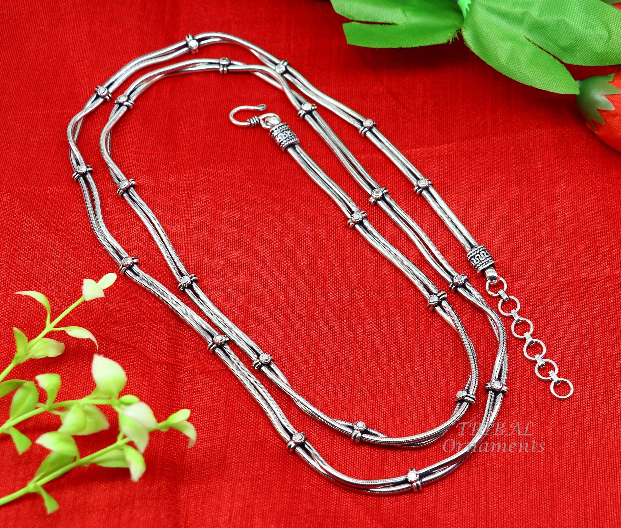 32 to 40 inches  925 Sterling silver adjustable handmade double line snake chain vintage design belly chain, waist chain ,Sari chain wch25