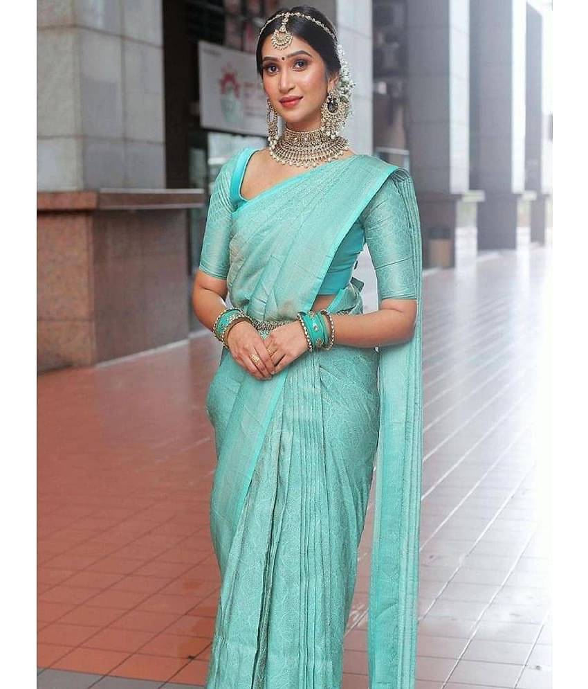JULEE Jacquard Solid Saree With Unstitched Blouse Piece ( Turquoise )